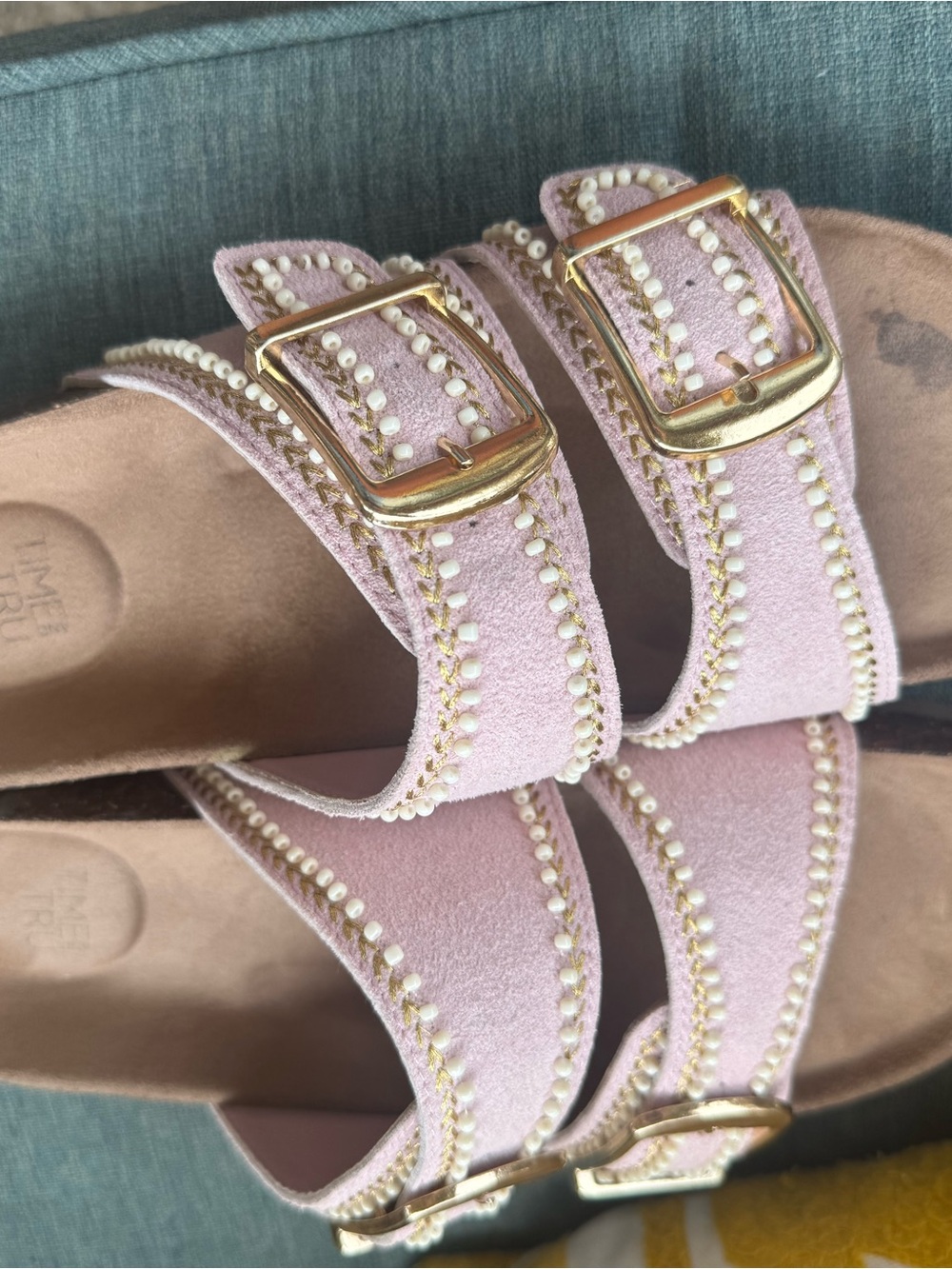 Time and Tru Pink Suede Buckle Sandals with Pearl Trim